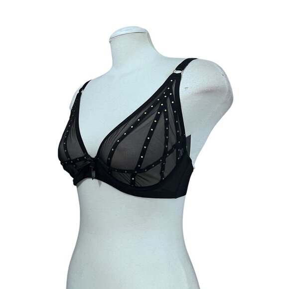 Fredericks of Hollywood NWT Rozlyn Black Mesh Studded Bra Sz 32F Womens Sexy She - Picture 2 of 14